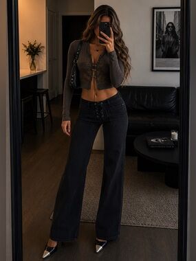 New EB Denim Black Low Rise Lace Up Wide Leg Jeans Women Size 24 Made USA